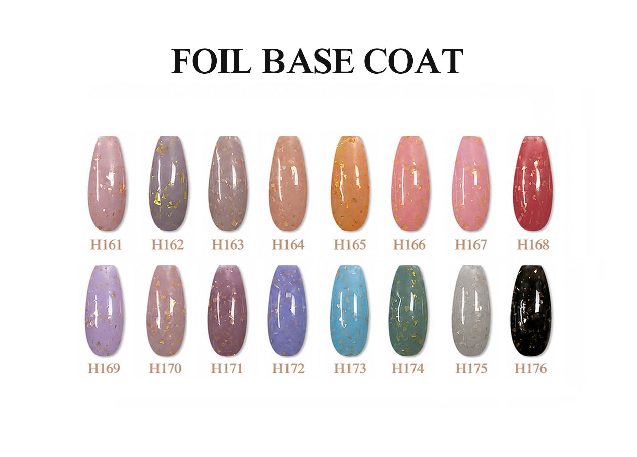 Nuancier professionnel de rubber base gel: FOIL BASE COAT – 16 COLORS