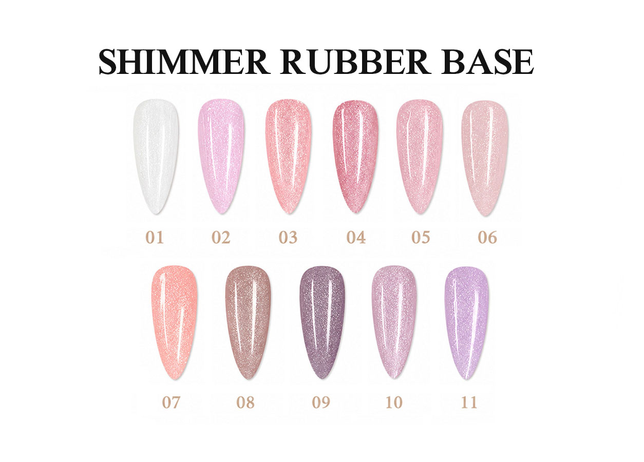 Nuancier professionnel de rubber base gel: SHIMMER RUBBER BASE – 11 COLORS