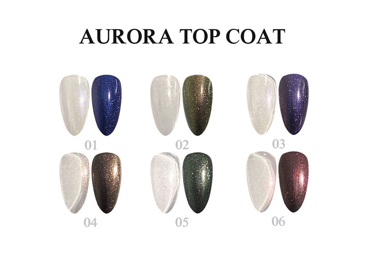 Professional base and top coat color chart: AURORA TOP COAT – 6 COLORS