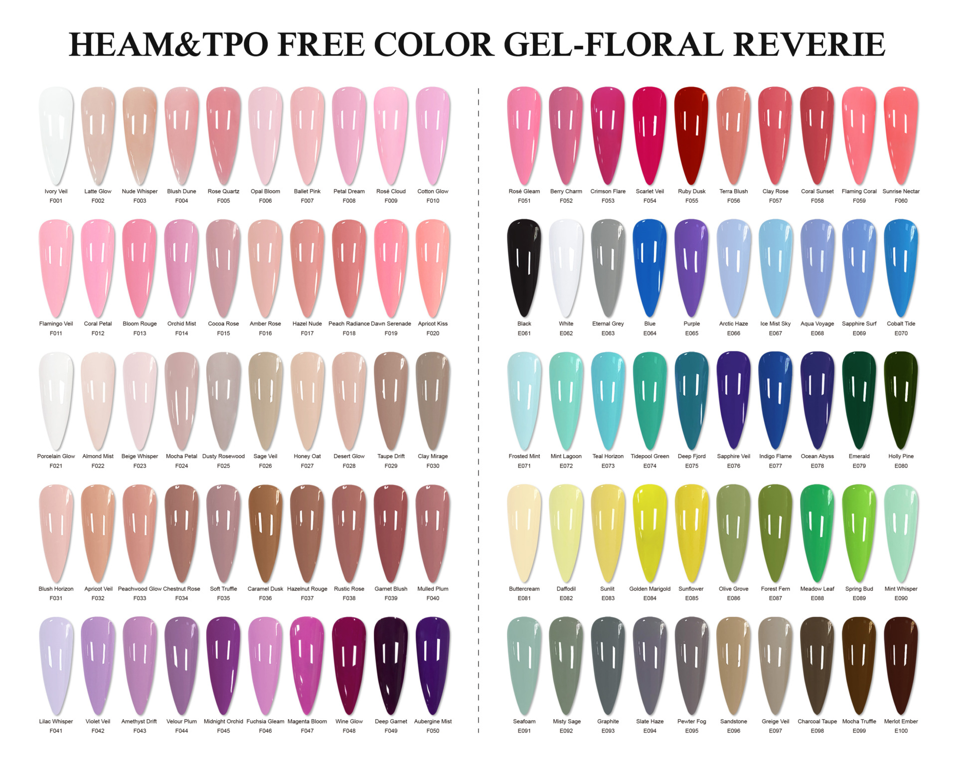 Professional gel polish color chart 001–100