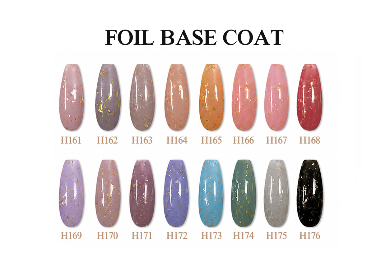 Professional rubber base gel color chart: FOIL BASE COAT – 16 COLORS