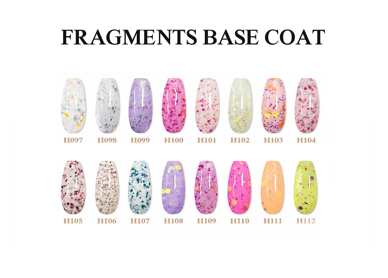 Professional rubber base gel color chart: FRAGMENTS BASE COAT – 16 COLORS
