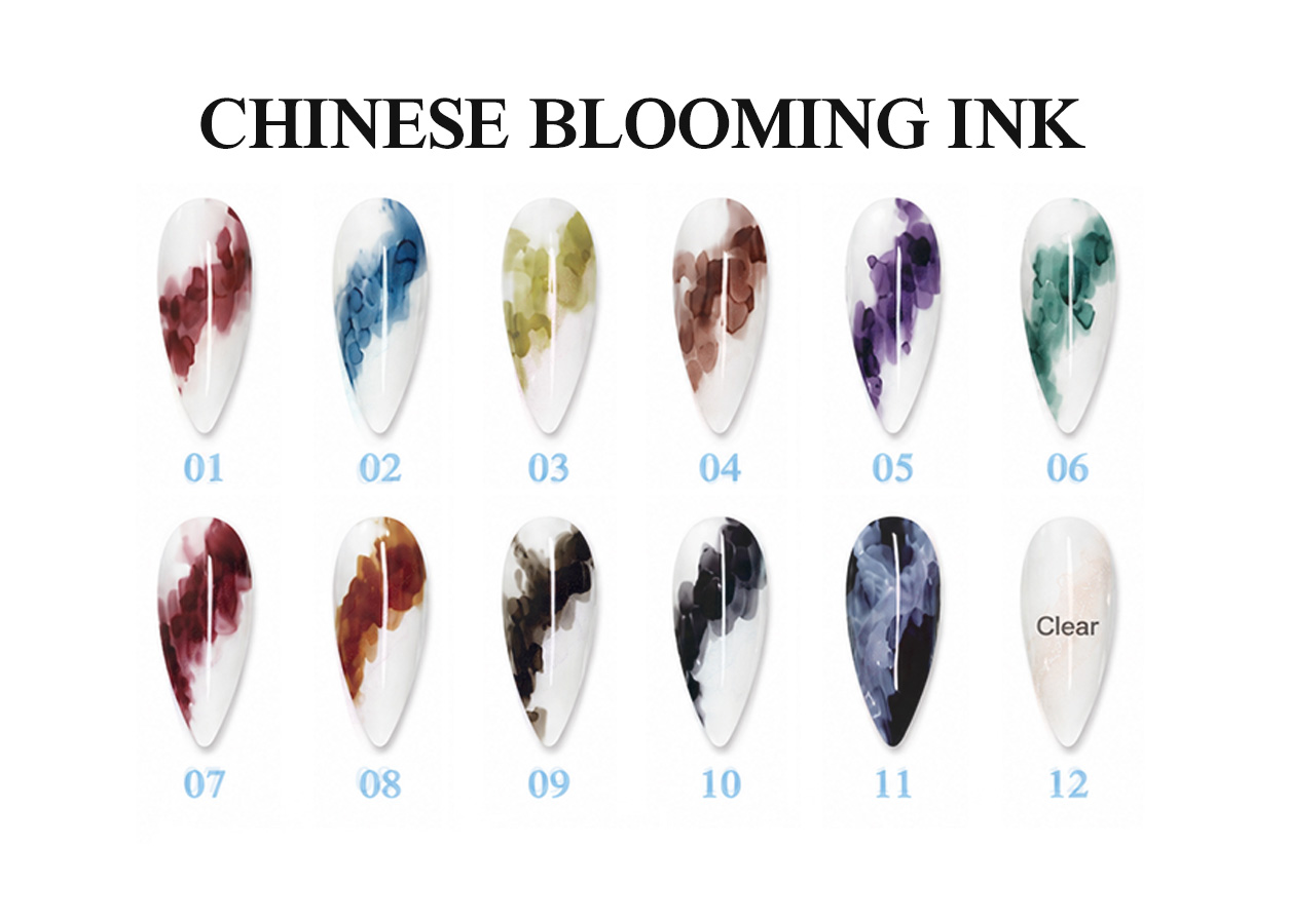 Chinese blooming ink function gel color chart with 12 watercolor nail art effects