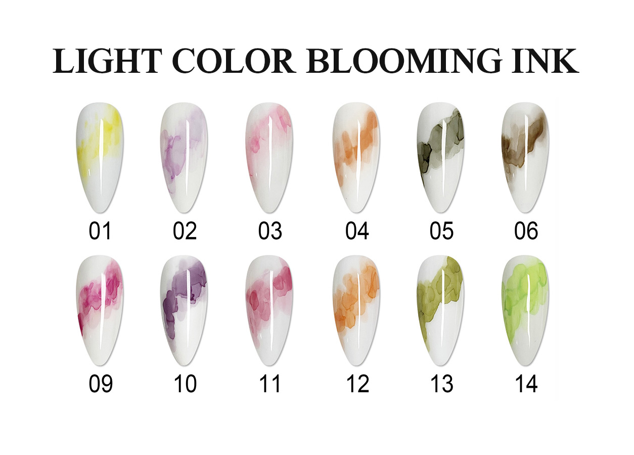 Light color blooming ink function gel chart for translucent watercolor nail art