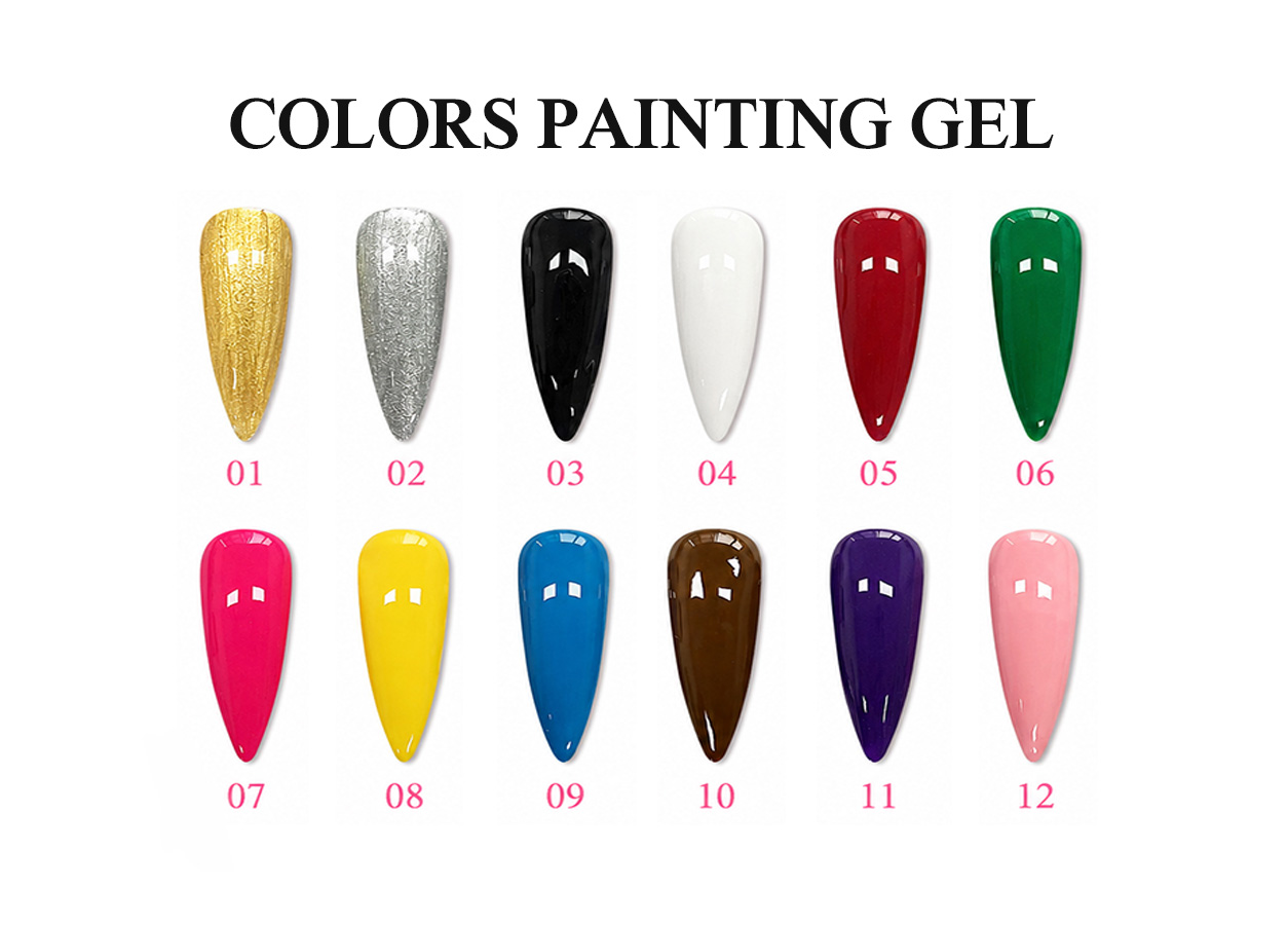 Professional painting gel color chart with 12 highly pigmented nail art colors