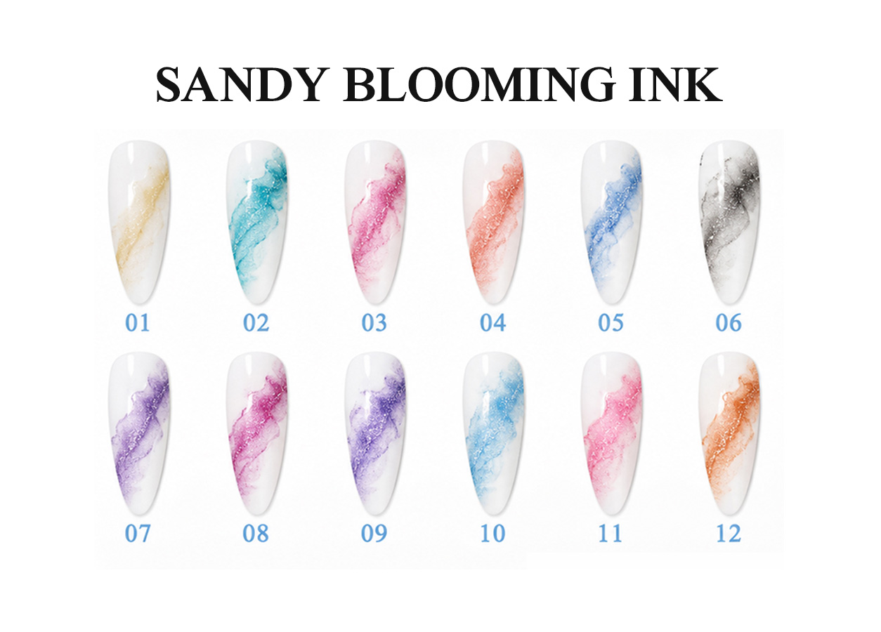 Sandy blooming ink function gel color chart with 12 textured nail art effects