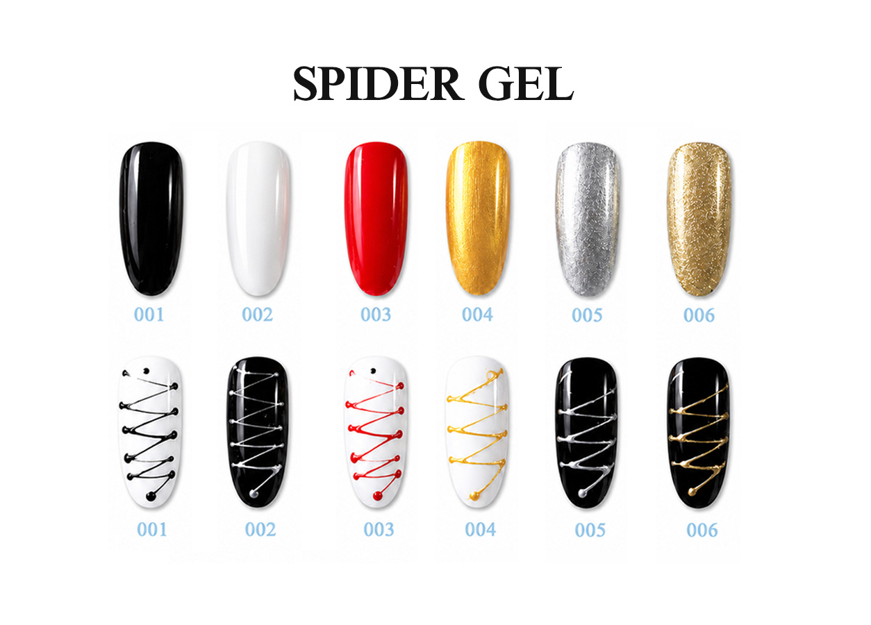 Spider gel color chart with six classic and metallic line art colors
