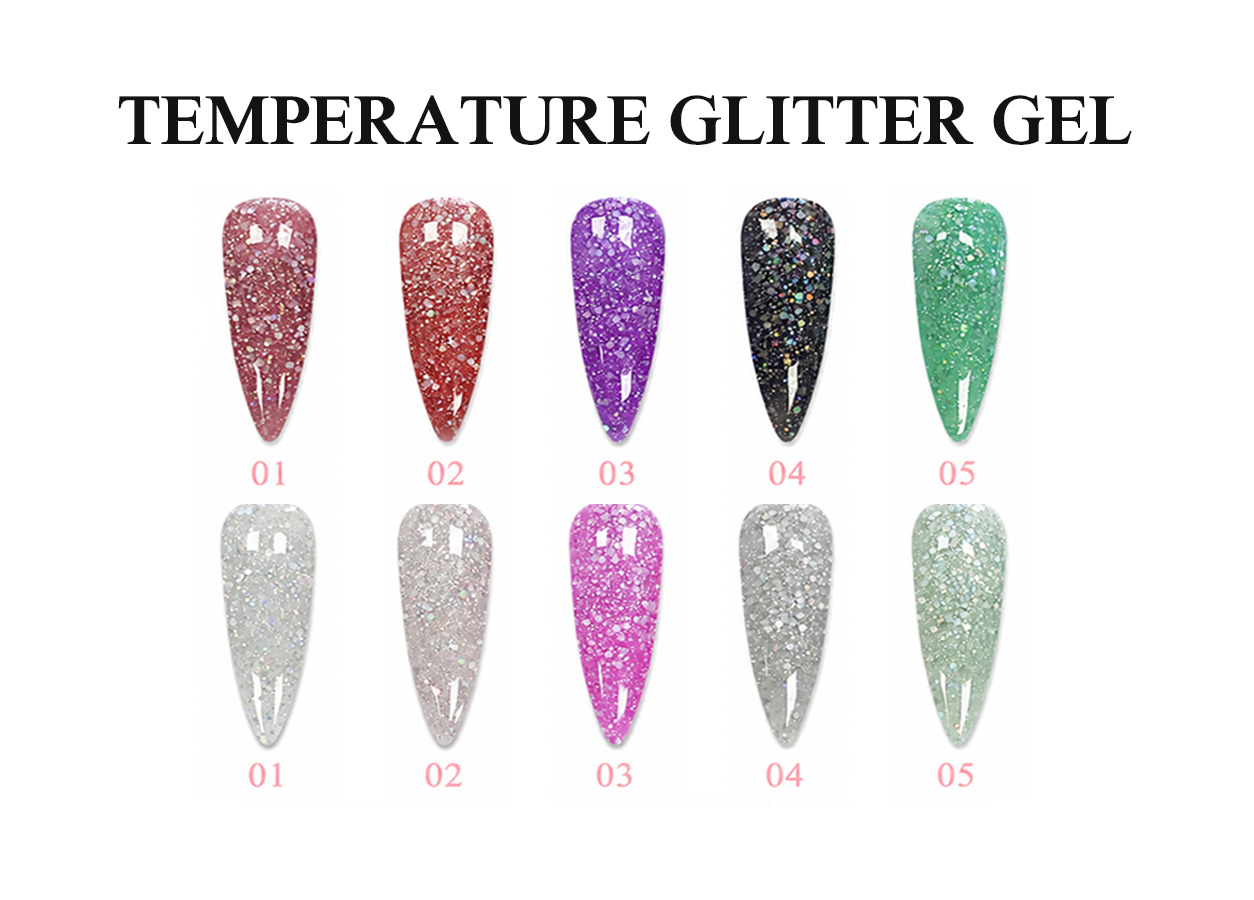 Temperature-changing glitter gel chart showing five colors in warm and cool states