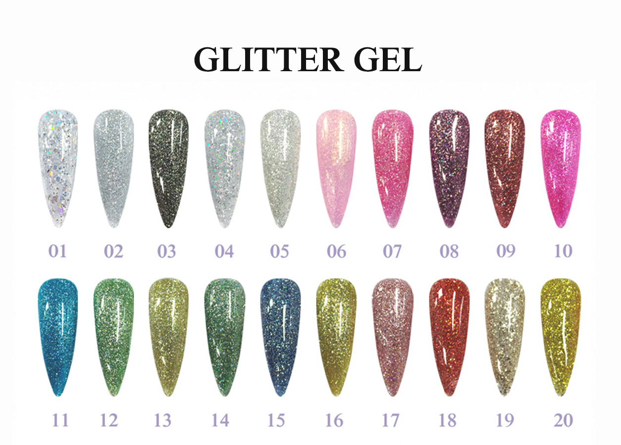 Professional glitter gel color chart: HEMA-FREE TPO-FREE GLITTER GEL