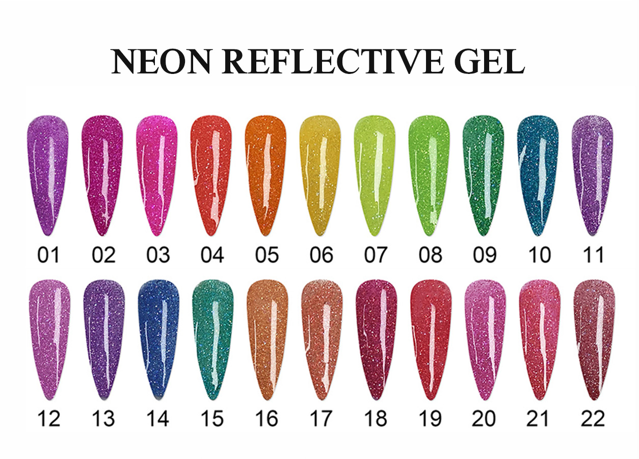 Professional glitter gel color chart: NEON REFLECTIVE GEL