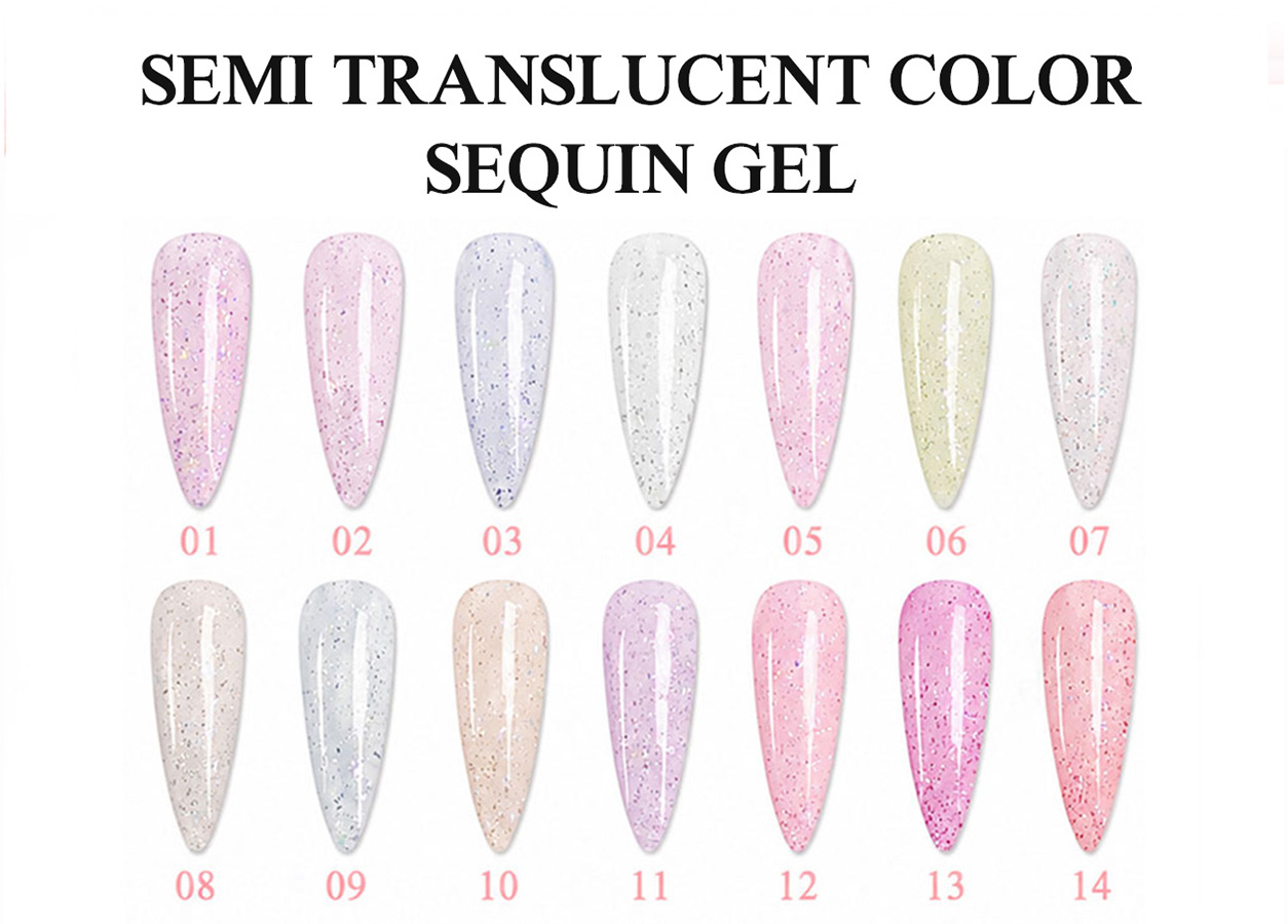 Professional glitter gel color chart: SEMI-TRANSLUCENT COLOR SEQUIN GEL