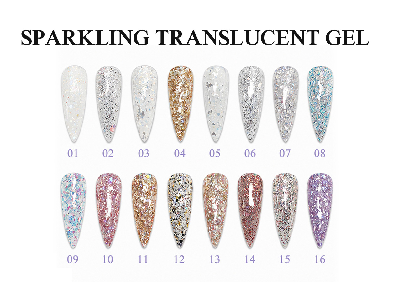 Professional glitter gel color chart: SPARKLING TRANSLUCENT GEL