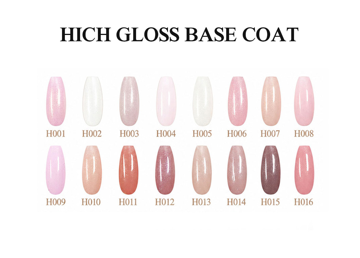Professional rubber base gel color chart: HIGH GLOSS BASE COAT – 32 COLORS