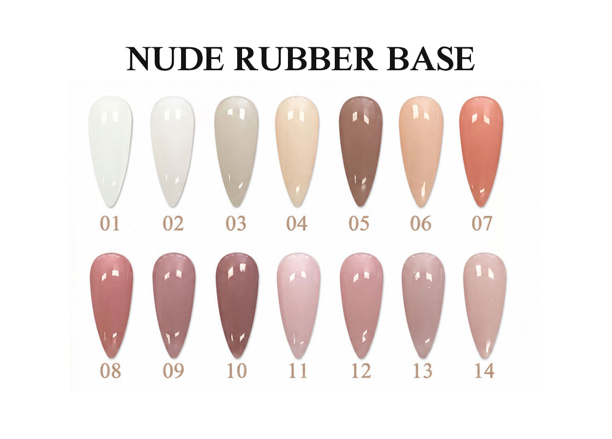 Professional rubber base gel color chart: HEMA-FREE TPO-FREE NUDE RUBBER BASE – 21 COLORS