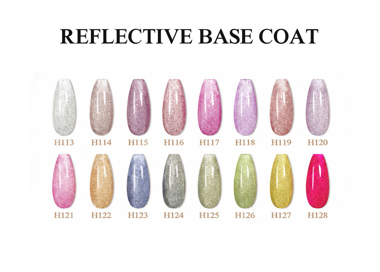 Professional rubber base gel color chart: REFLECTIVE BASE COAT – 32 COLORS