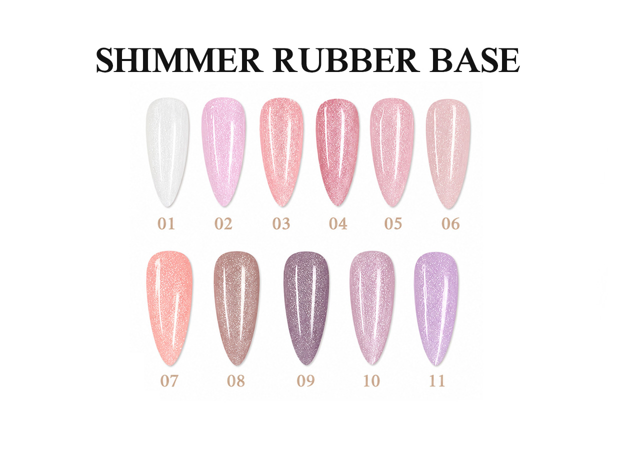 Professional rubber base gel color chart: SHIMMER RUBBER BASE – 11 COLORS