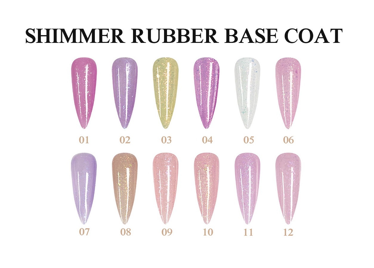 Professional rubber base gel color chart: SHIMMER RUBBER BASE COAT – 12 COLORS
