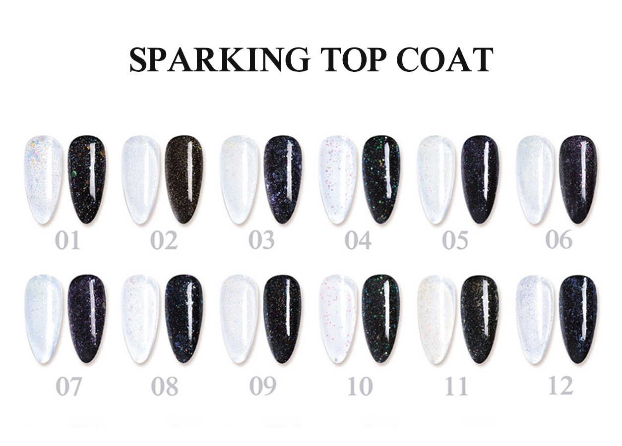 Professional base and top coat color chart: SPARKLING TOP COAT – 18 COLORS
