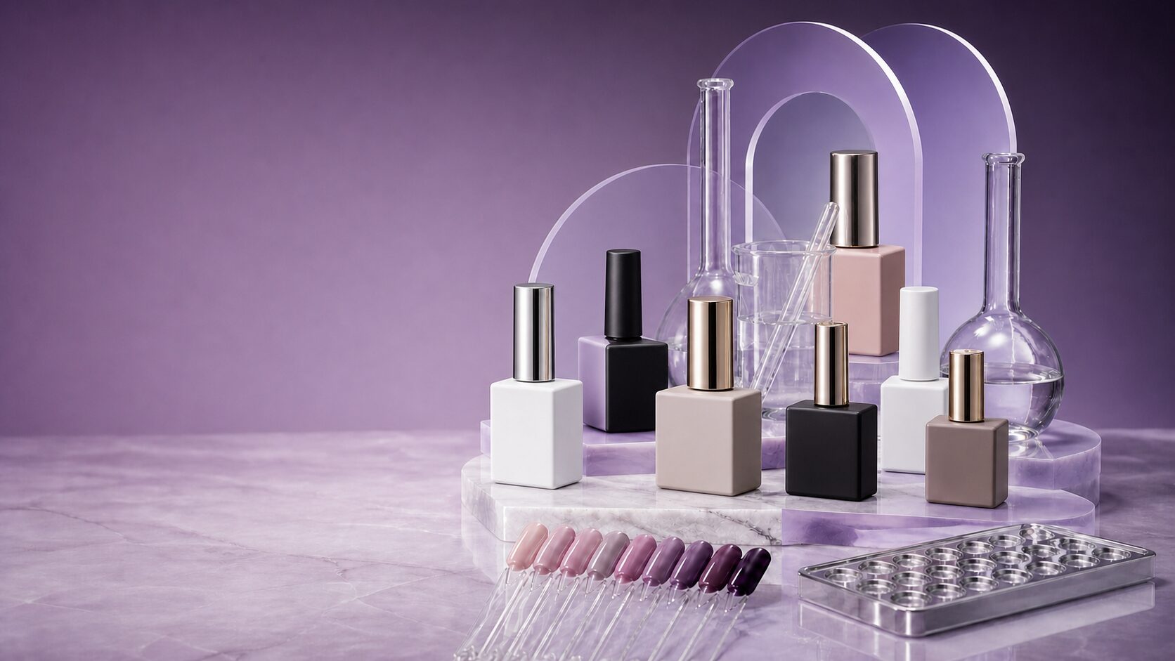Opaque private-label nail gel bottles with color swatches and cosmetic laboratory glassware in a purple studio setting