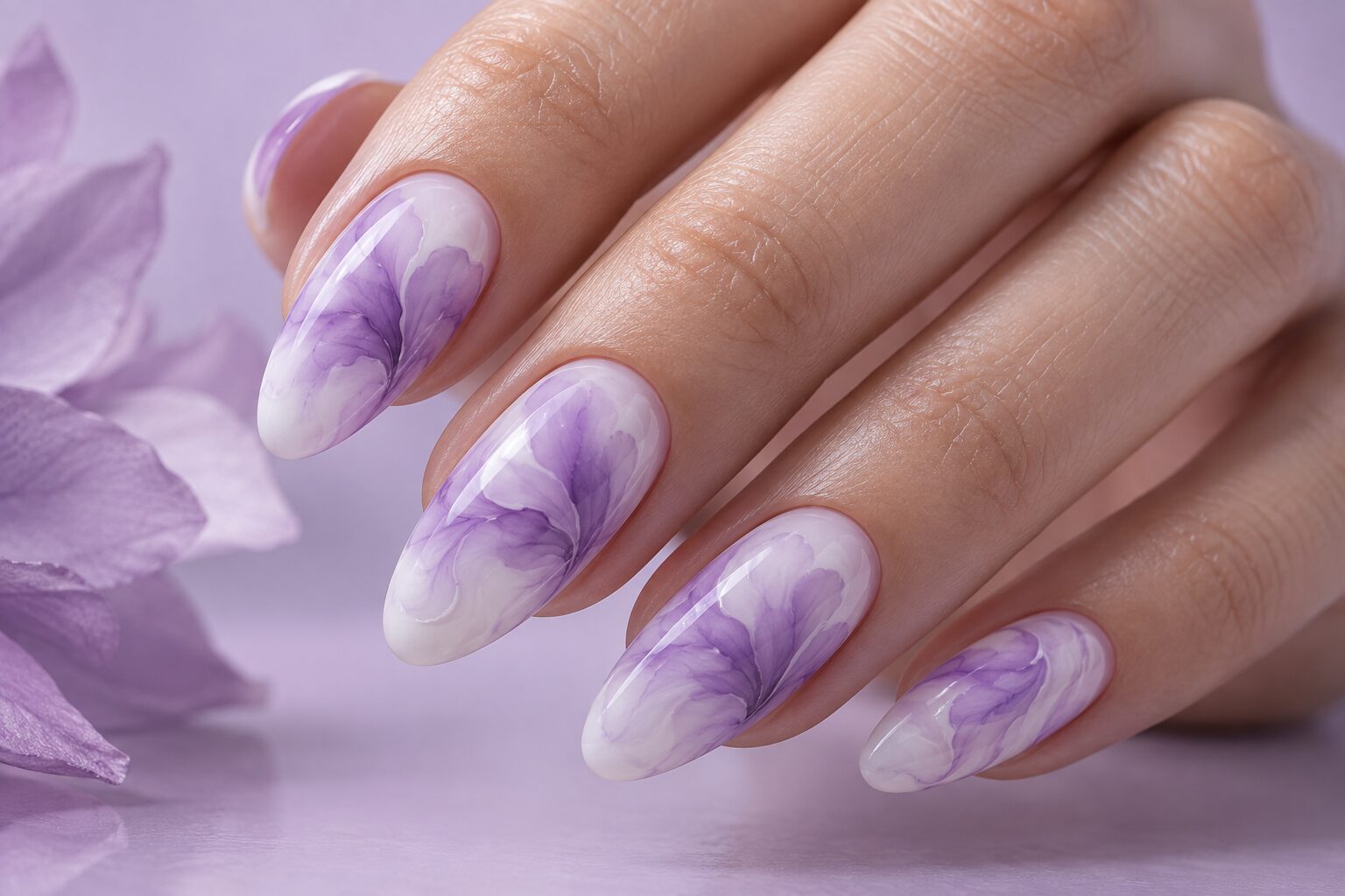 Lavender marble and blooming nail art — concept illustration