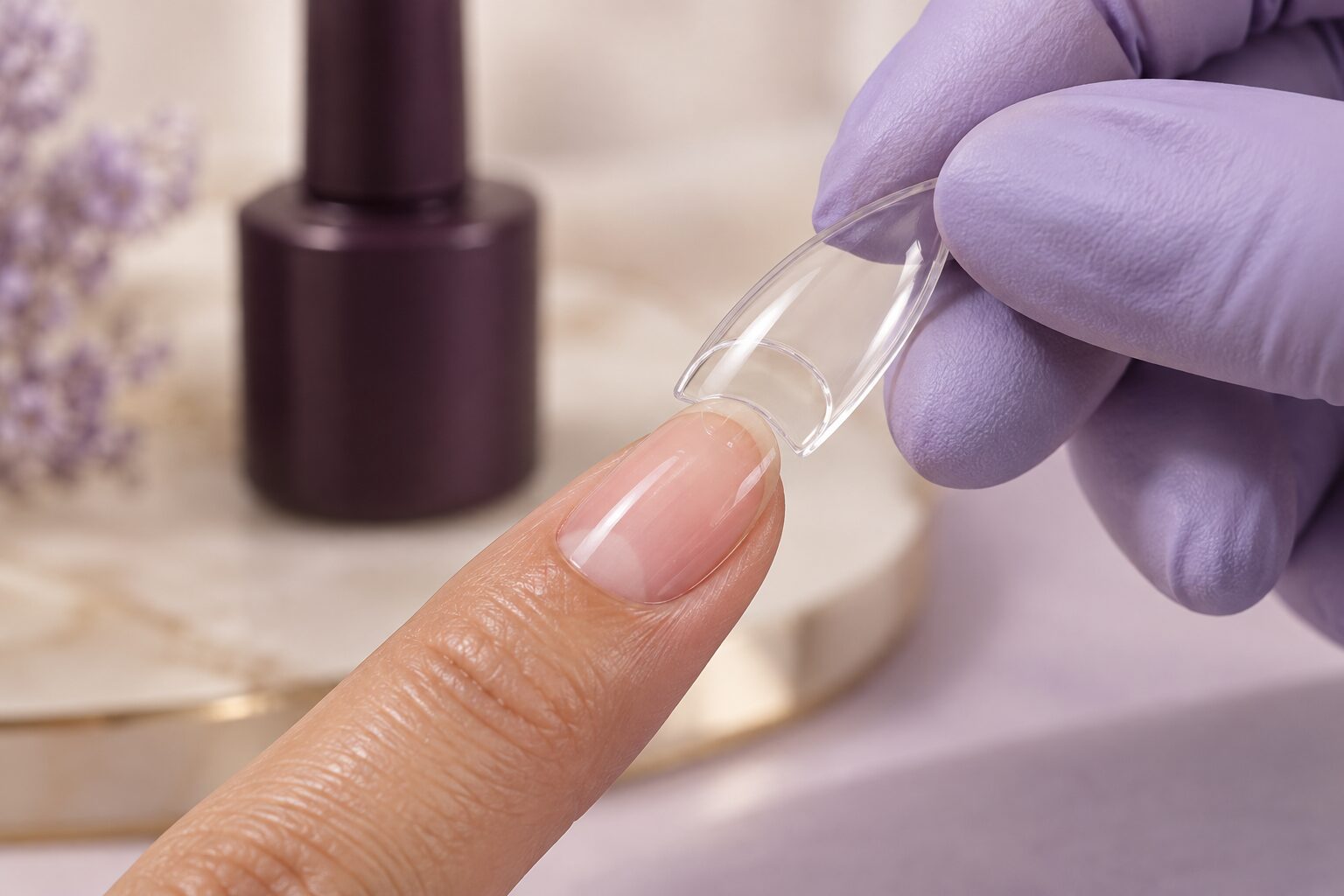 Transparent full-cover nail tip aligned with a natural nail — concept illustration