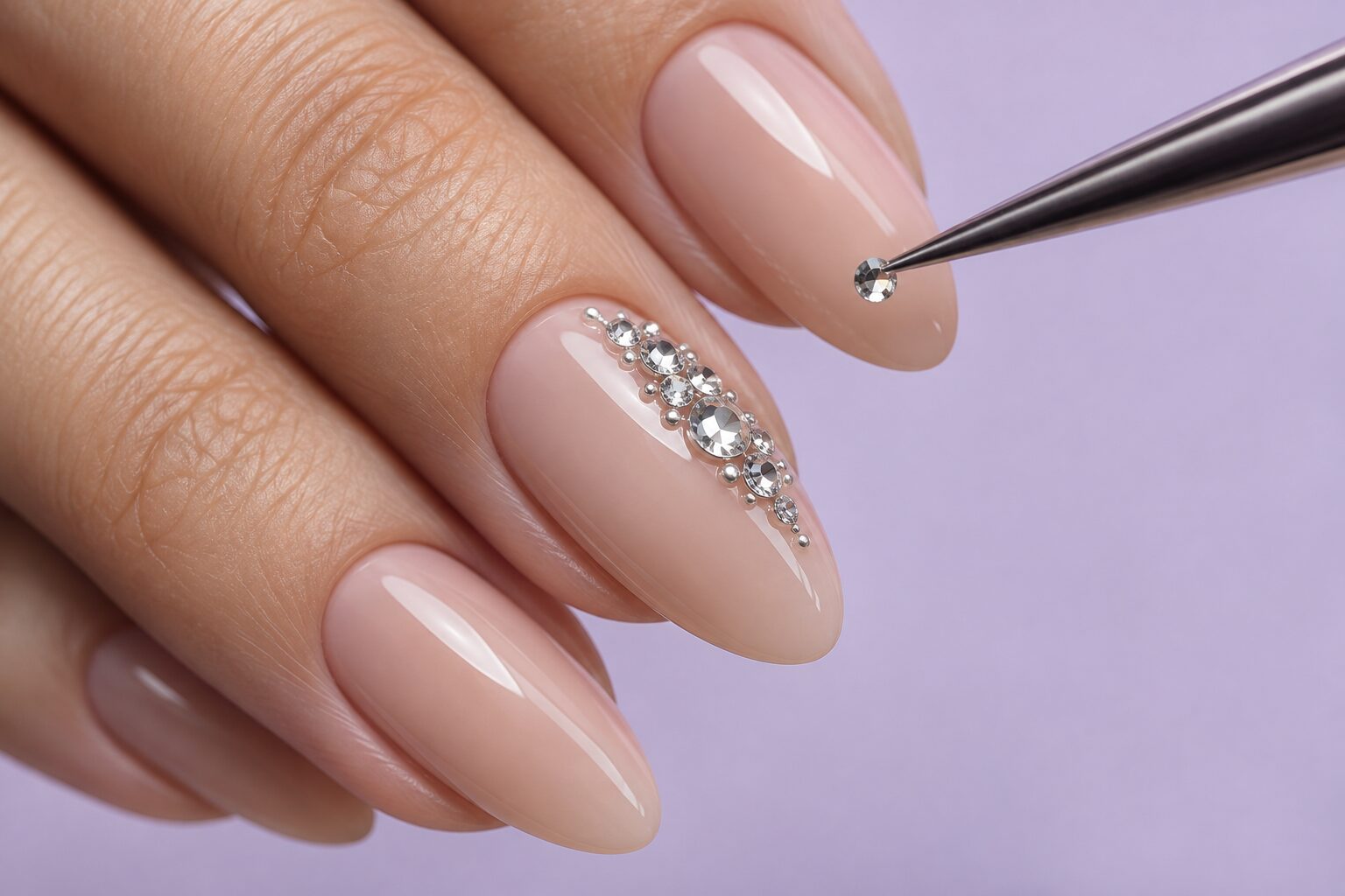 Crystal placement on a nude manicure — concept illustration