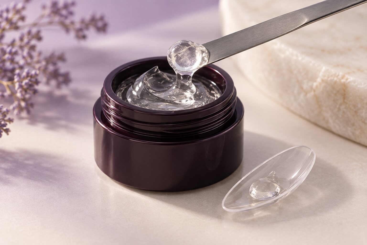 Solid clear adhesive gel lifted with a spatula beside a full-cover nail tip — concept illustration