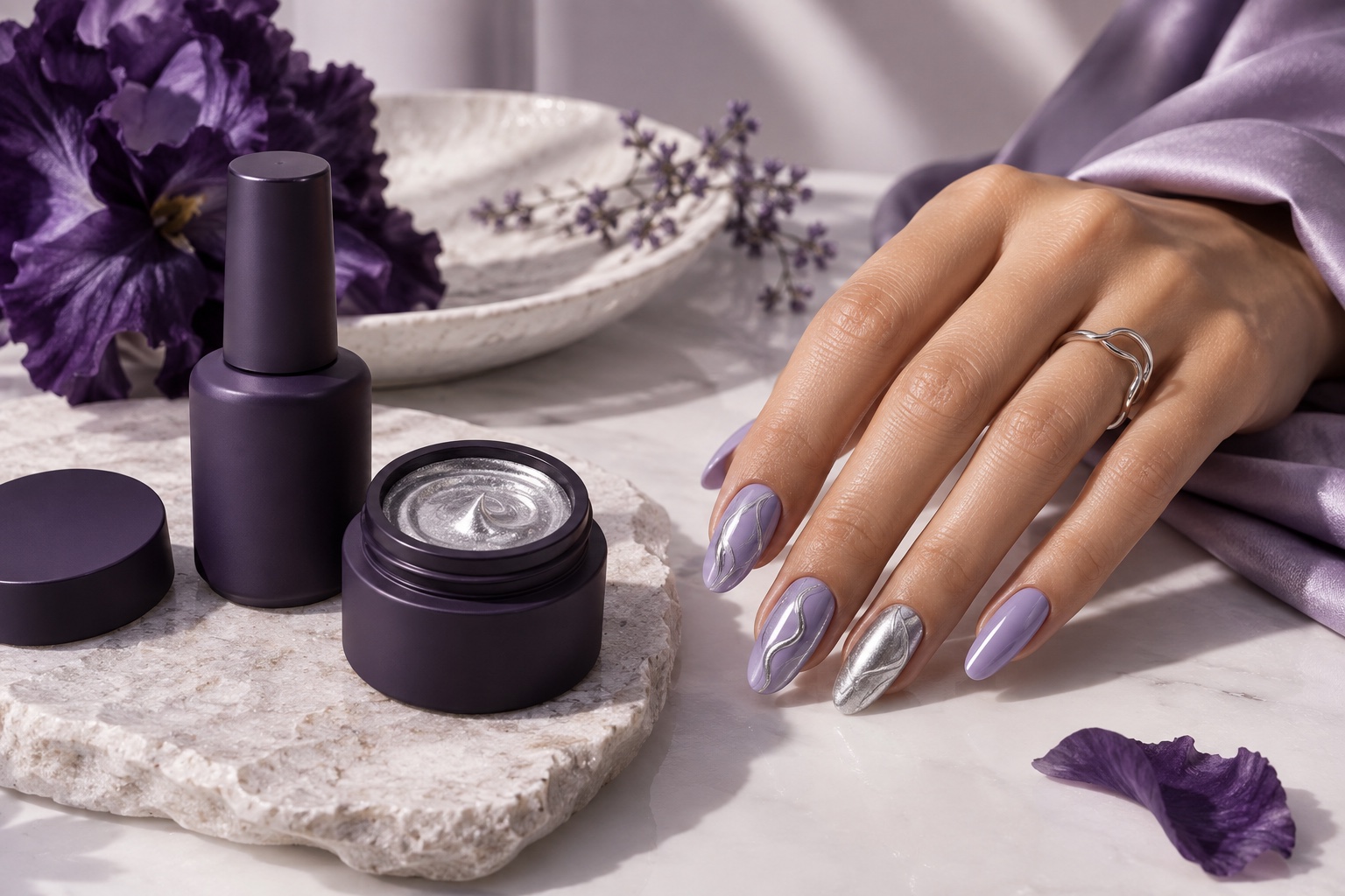 Opaque violet gel packaging with sculptural silver and lilac manicure