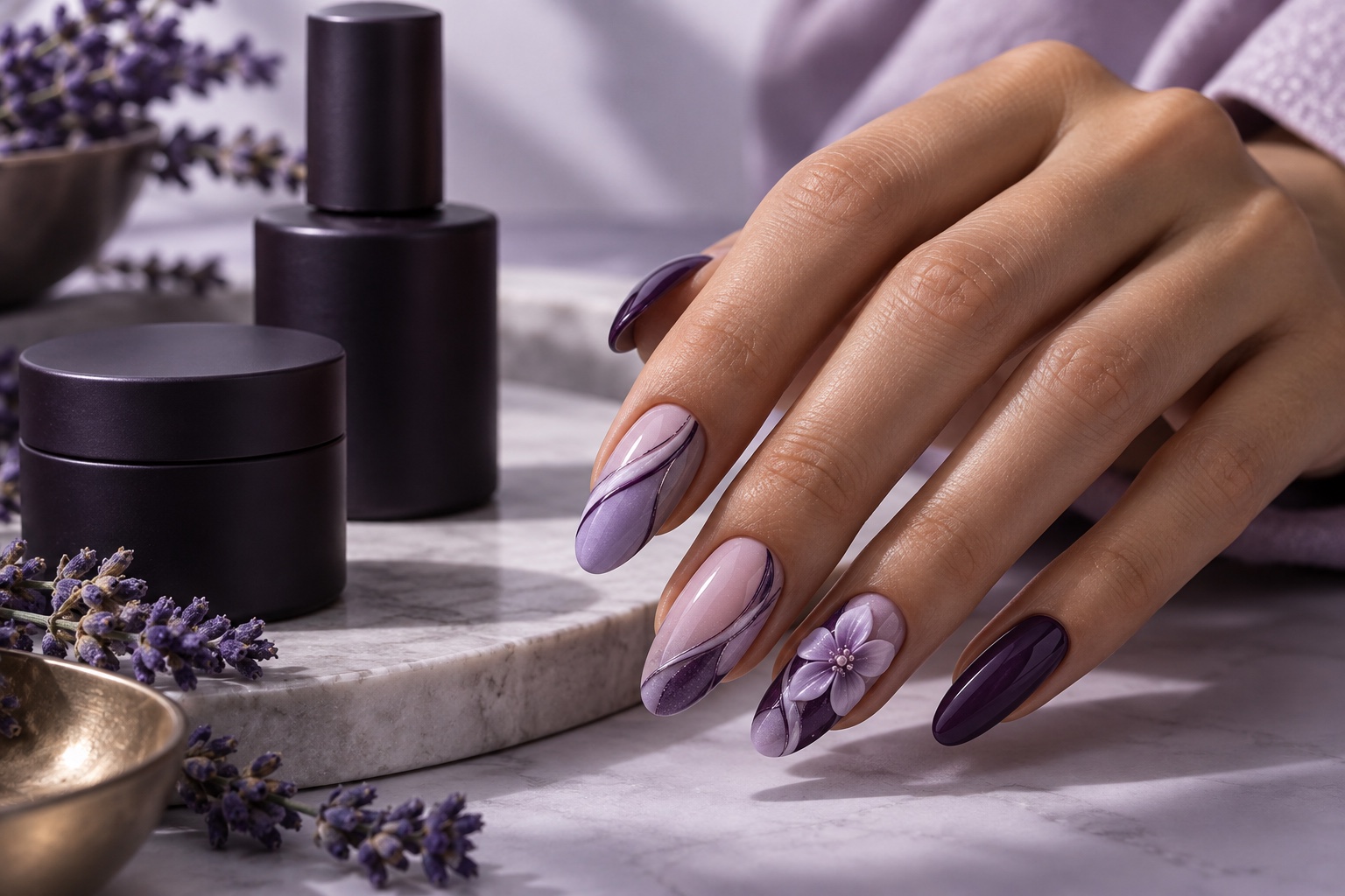 Detailed spider lines, painted gradient and dimensional floral manicure