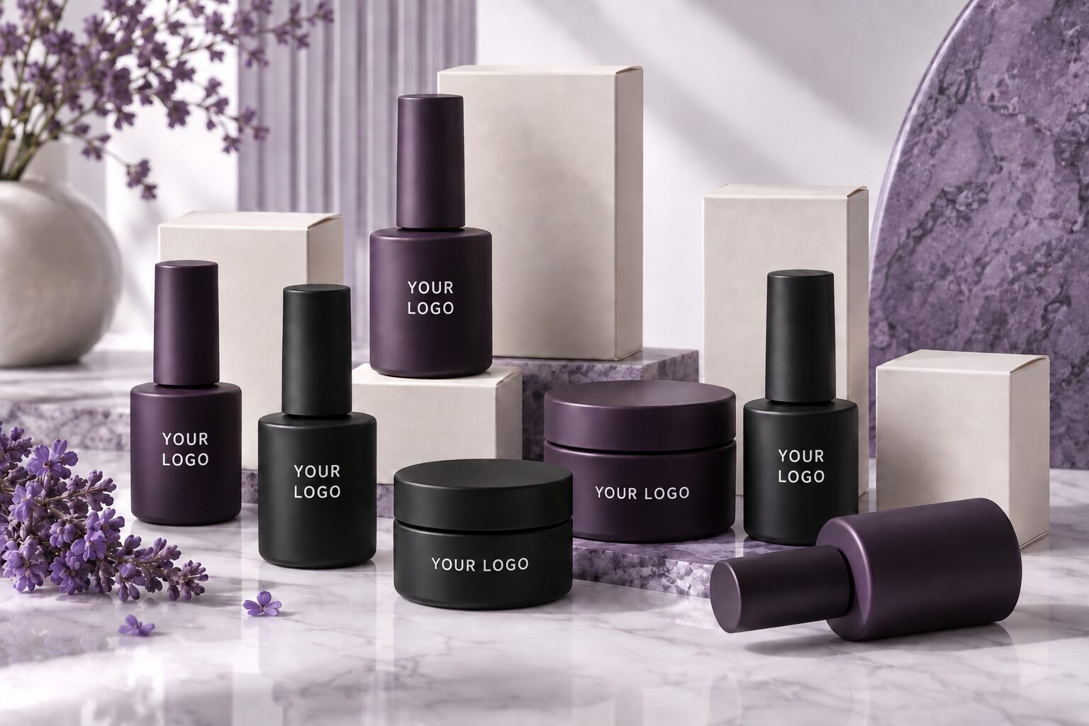 Opaque bottles and jars printed with YOUR LOGO, beside blank cartons