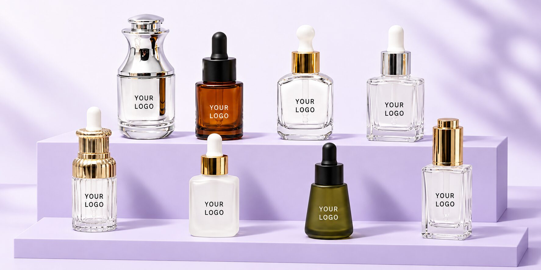 Available glass bottle shapes, caps and dropper options