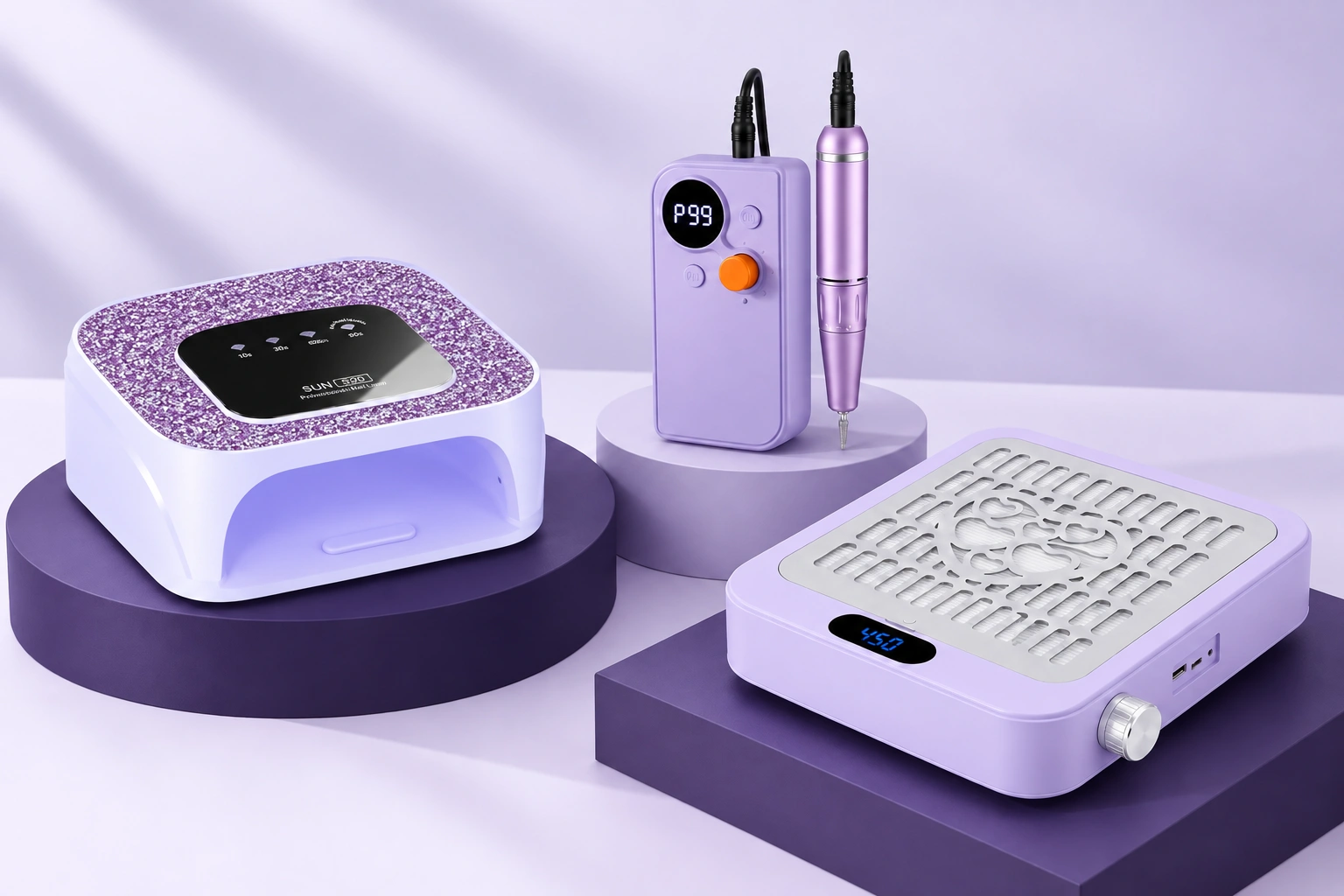Nail lamps, nail drills and dust collectors — private-label product presentation