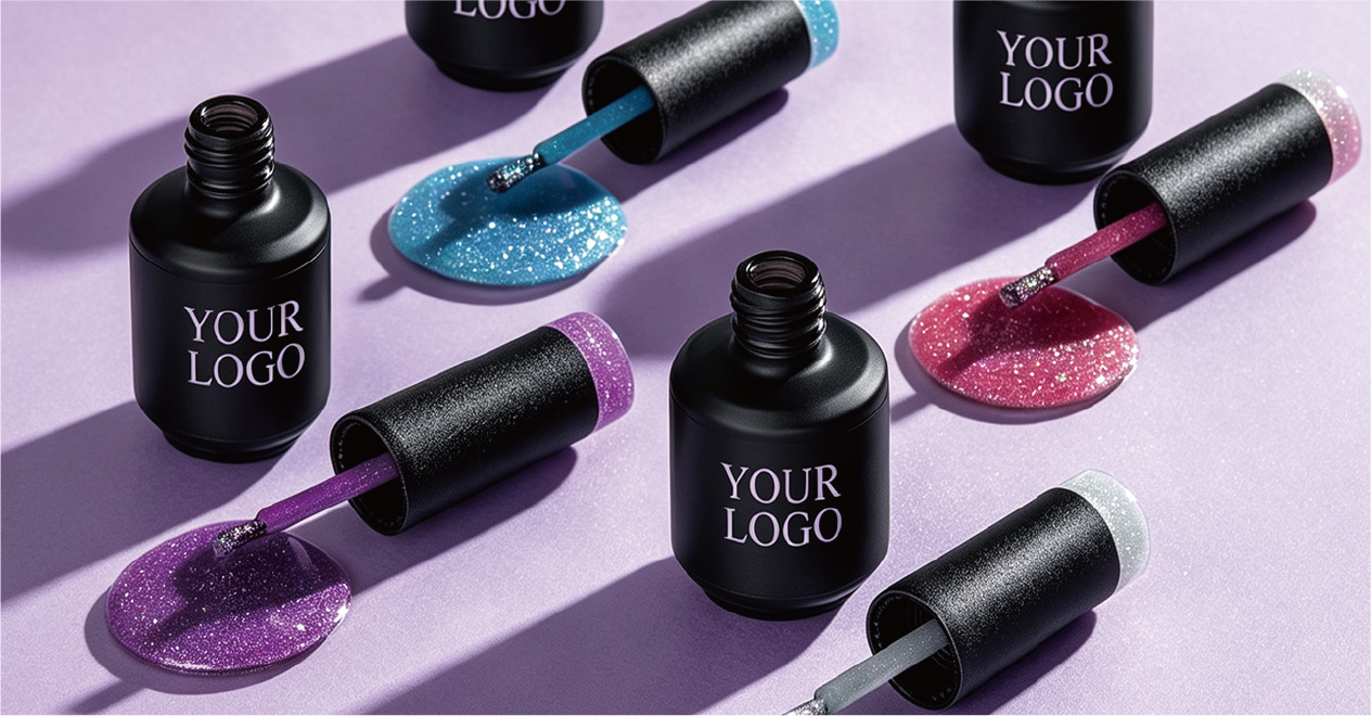 Glitter gel colors displayed with private label bottles