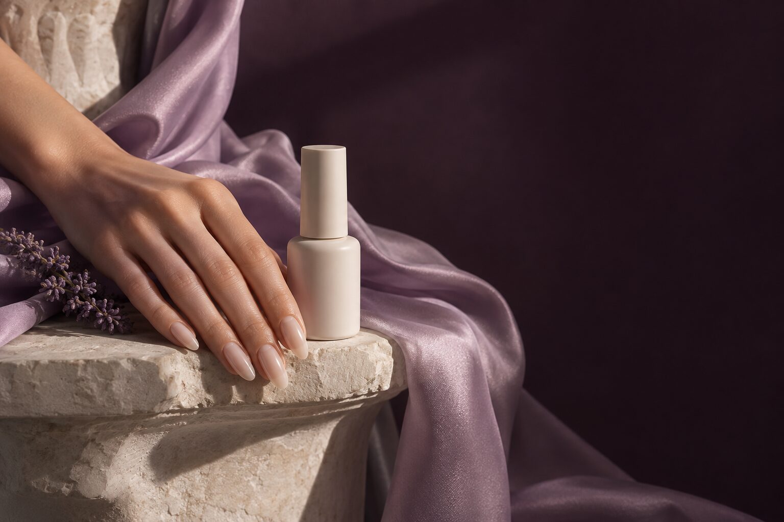 Porcelain nude BIAB manicure beside an opaque UV-protective gel bottle