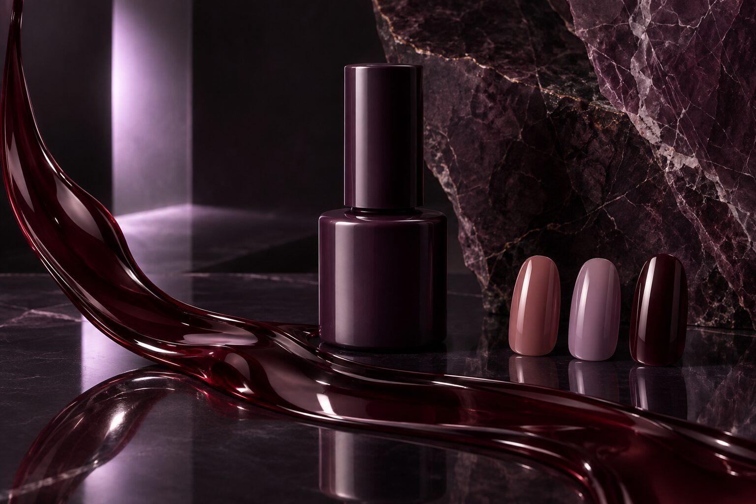 Opaque aubergine rubber base gel bottle with black-cherry gel texture and color swatches